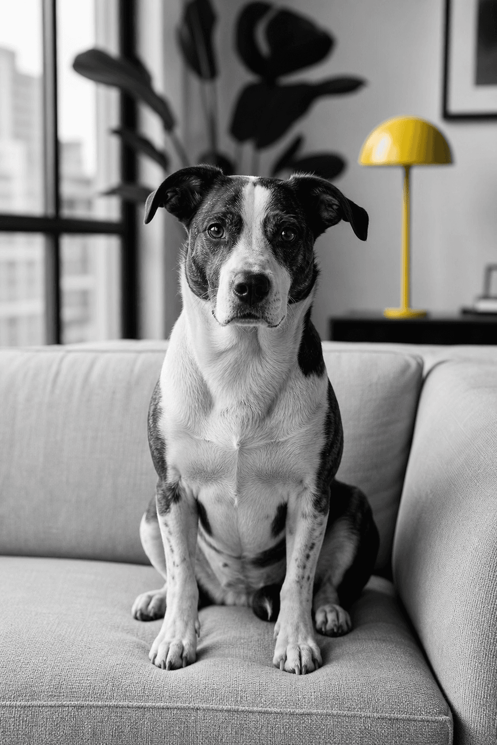 Black and white editorial portrait of a dog in a studio