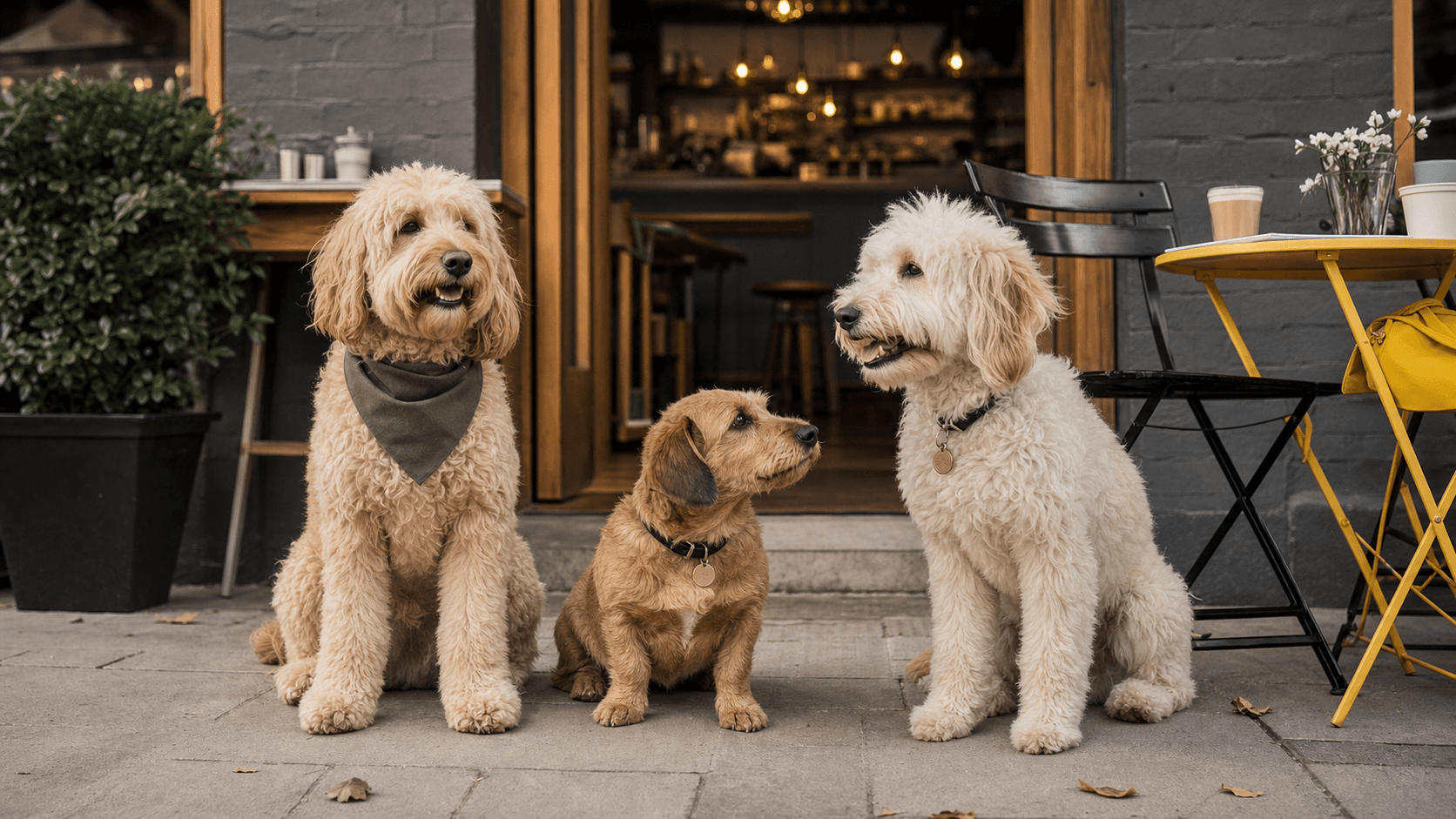 Three stylish dogs outside a small city cafe